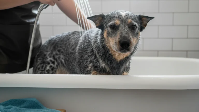 cattle dog being bathed