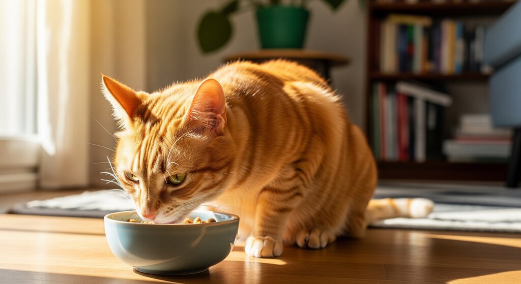 ginger cat eating from bowl