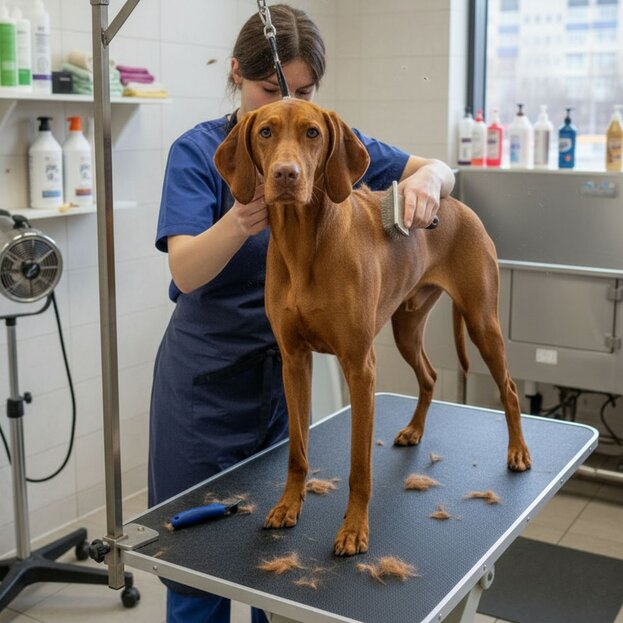 hungarian vizsla being professionally groomed