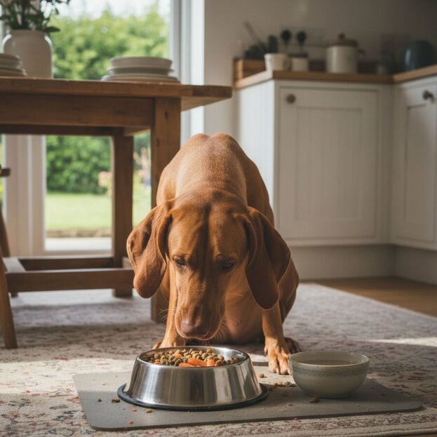 hungarian vizsla eating from a stainless steel bowl