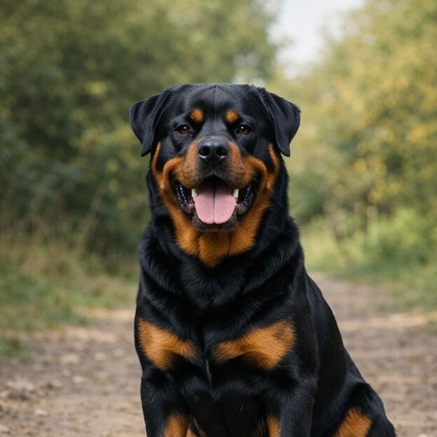 rottweiler sitting in bushland