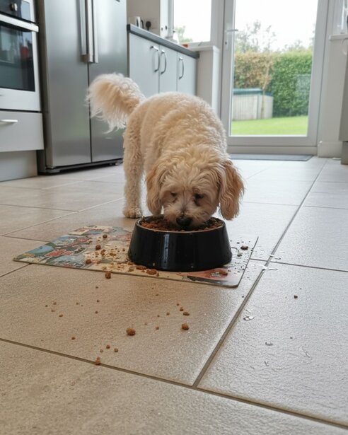 havanese eating from bowl in kitchen