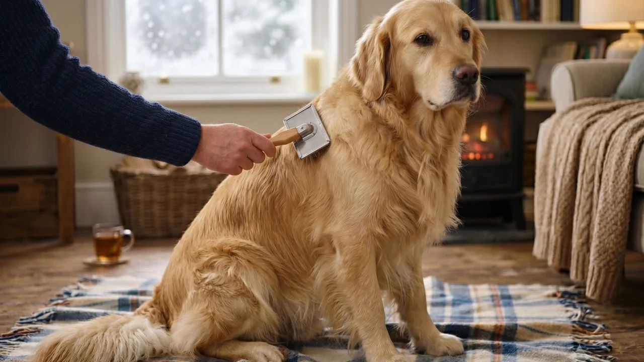 Golden Retriever dog being brushed with a slicker brush