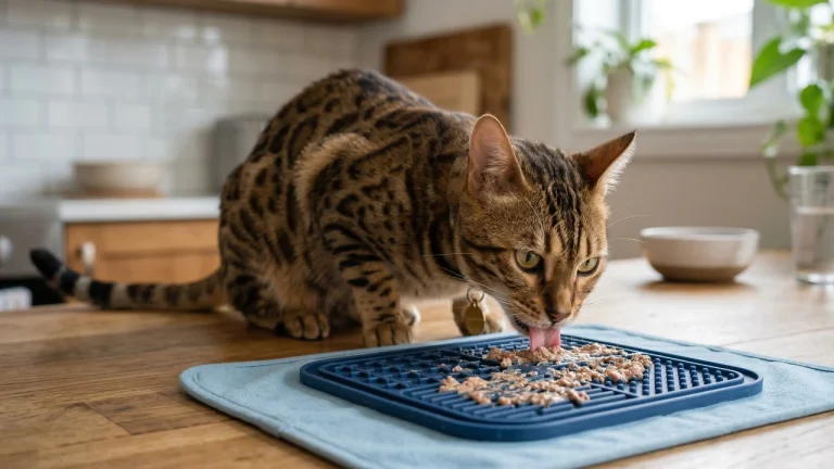 Bengal cat eating from lick mat