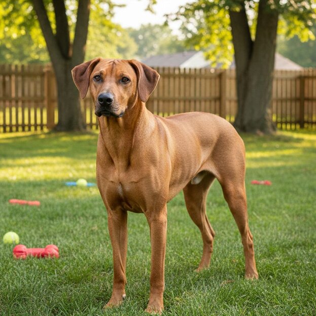 rhodesian ridgeback in backyard