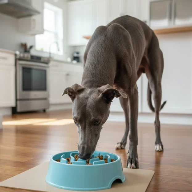 greyhound eating from slow feeder bowl