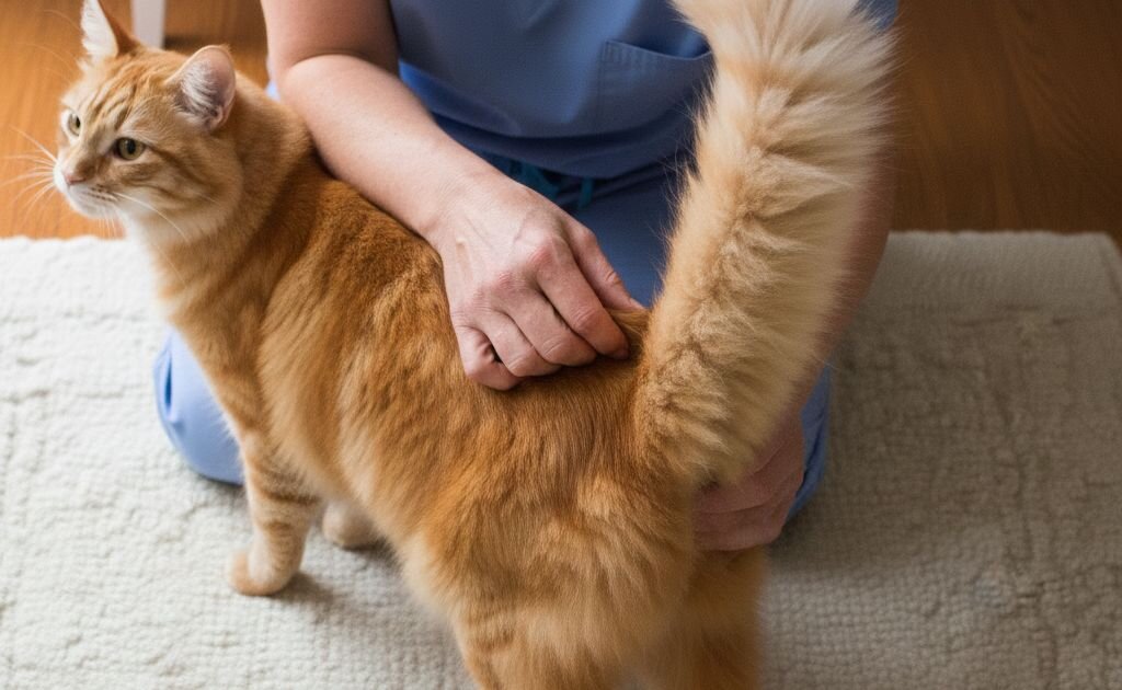 vet checking cat's tail base