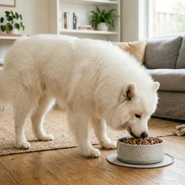 samoyed eating from bowl