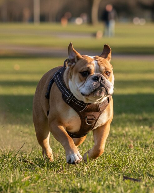 British bulldog wearing harness running along grass