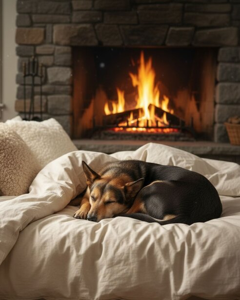 kelpie asleep on bed by fire