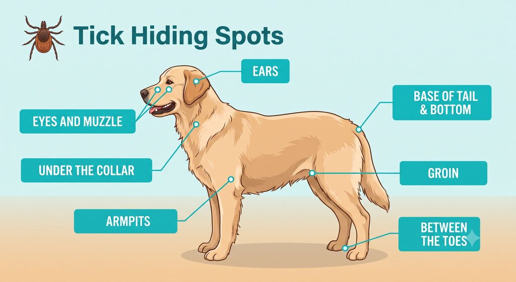 diagram of tick hiding spots on a dog