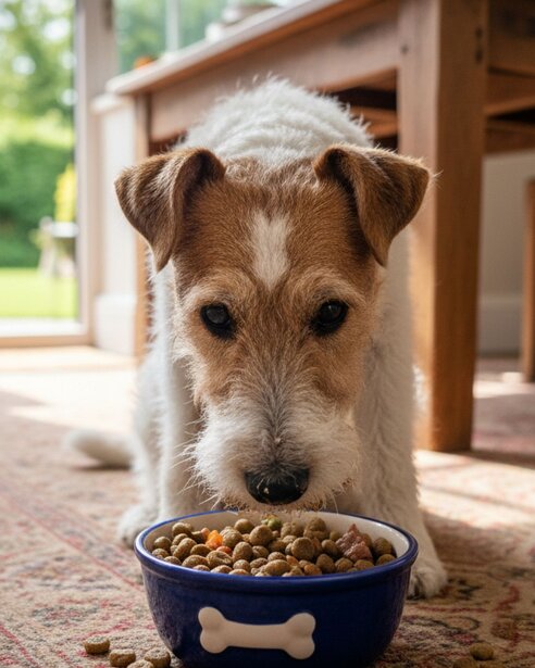 fox terrier eating dry food from a bowl