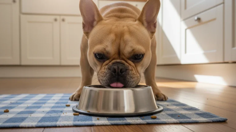 french bulldog eating dry food from stainless steel bowl