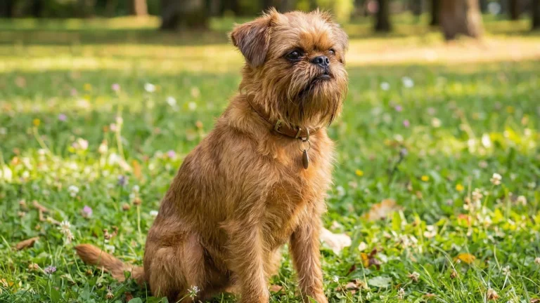 brussels griffon sitting on grass outdoors