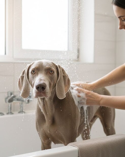 weimaraner-getting-bathed