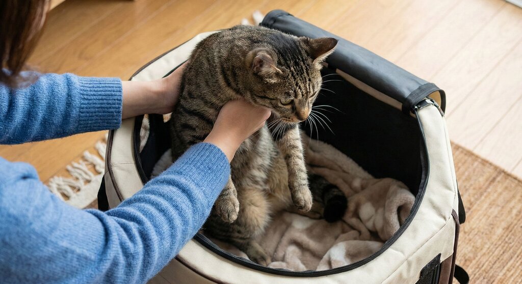 person placing cat in carrier