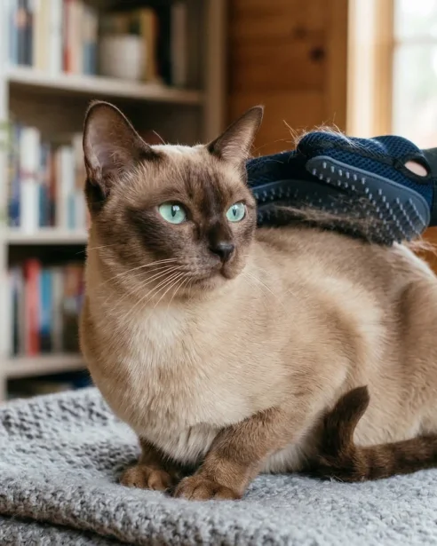 tonkinese cat being groomed with grooming glove