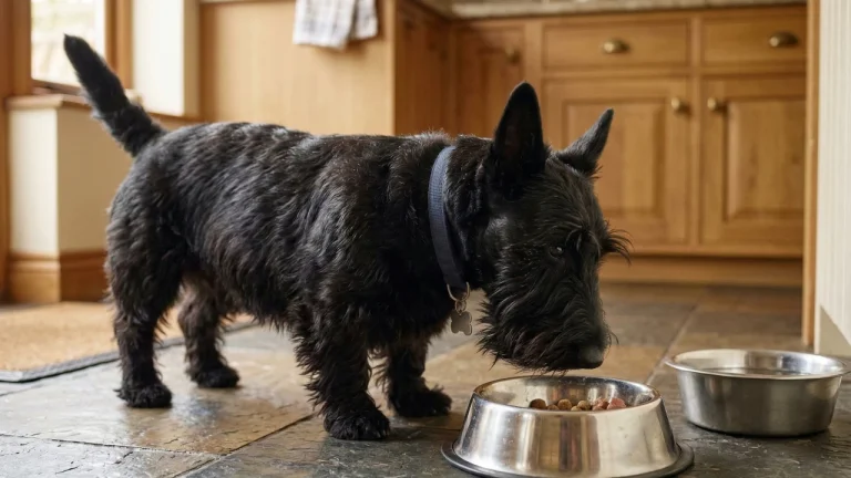 Scottish Terrier eating from stainless steel bowl