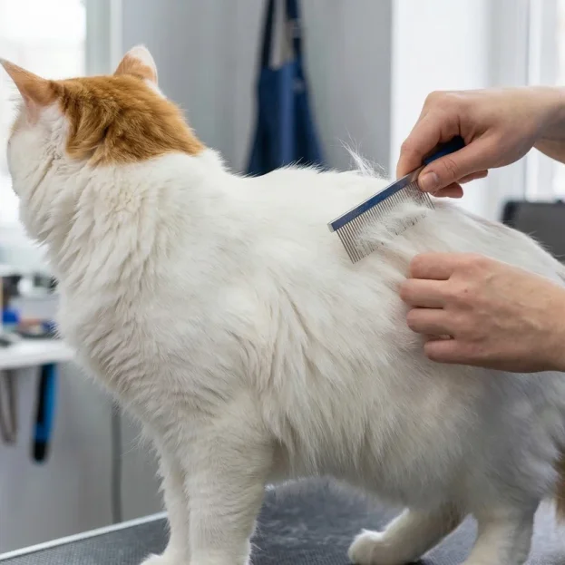 turkish van cat being groomed with comb