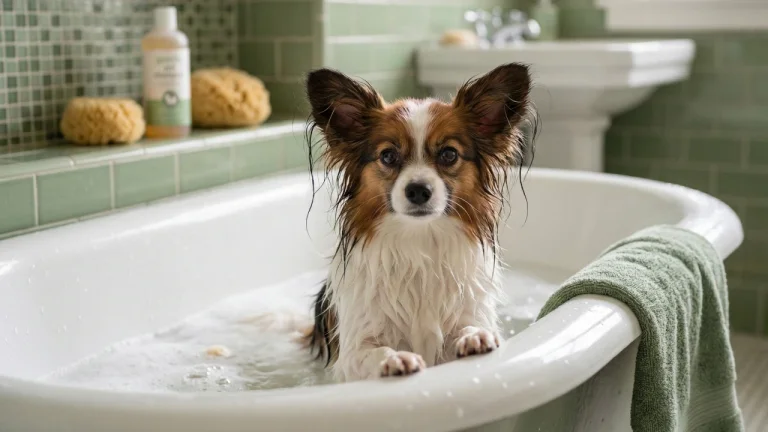 Papillon having a bath