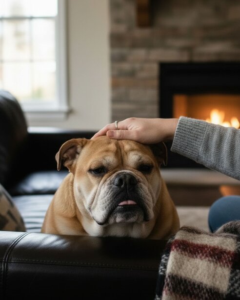 British bulldog sitting on sofa having a pat