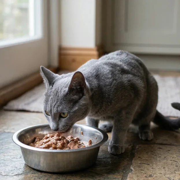 russian blue eating wet food from bowl