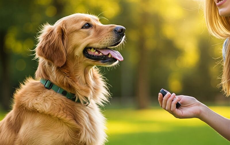 golden retriever being trained with clicker