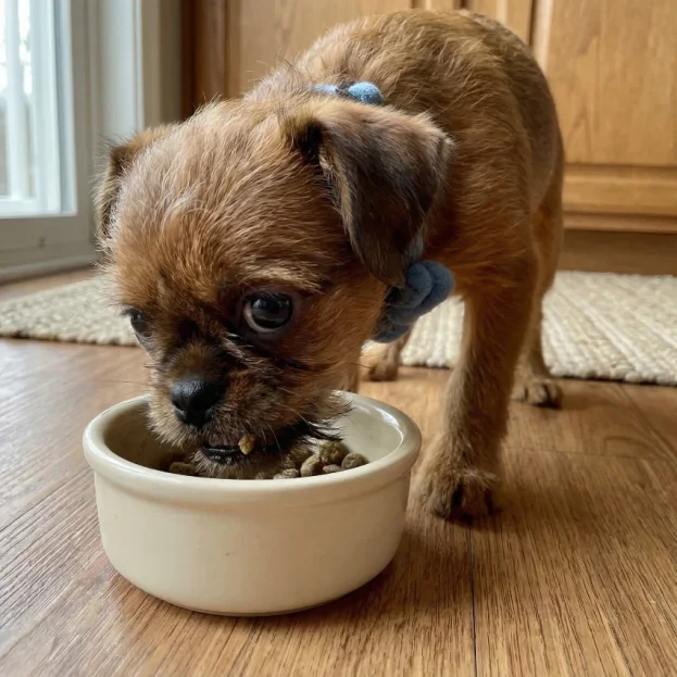 brussels griffon eating dry food from bowl
