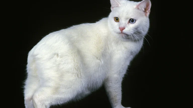 White manx cat on black background