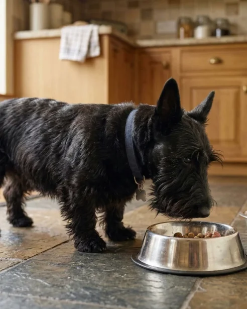 Scottish Terrier eating from stainless steel bowl