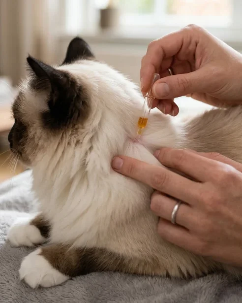 birman cat having parasite preventative applied