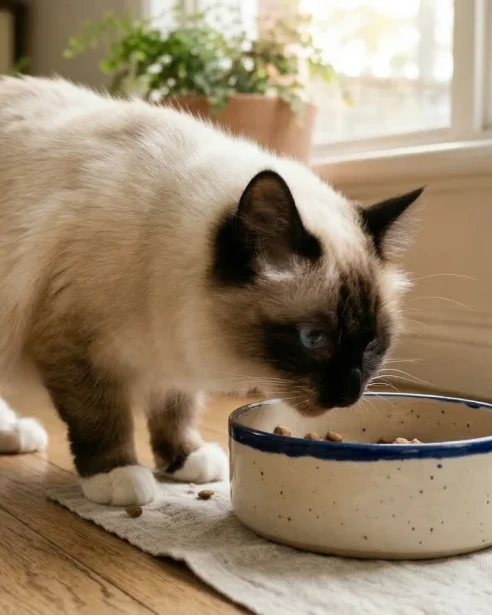 birman cat eating food from ceramic bowl