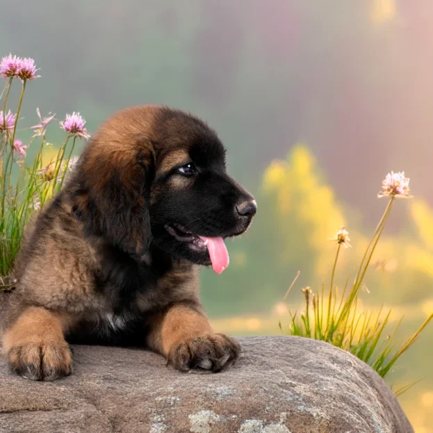 A leonberger puppy with their tongue out looking to the distance with paws on a rock and purple flowers behind them