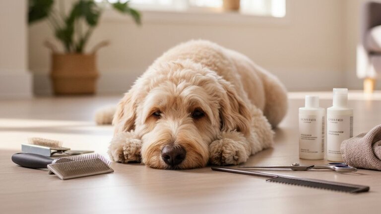labradoodle lying on floor next to grooming tools
