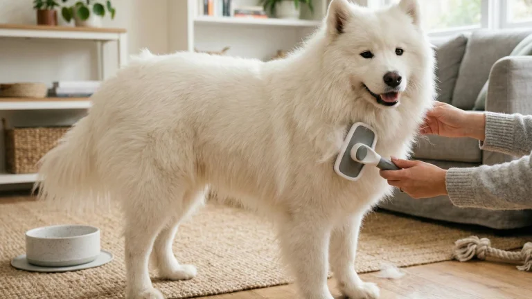 samoyed being brushed
