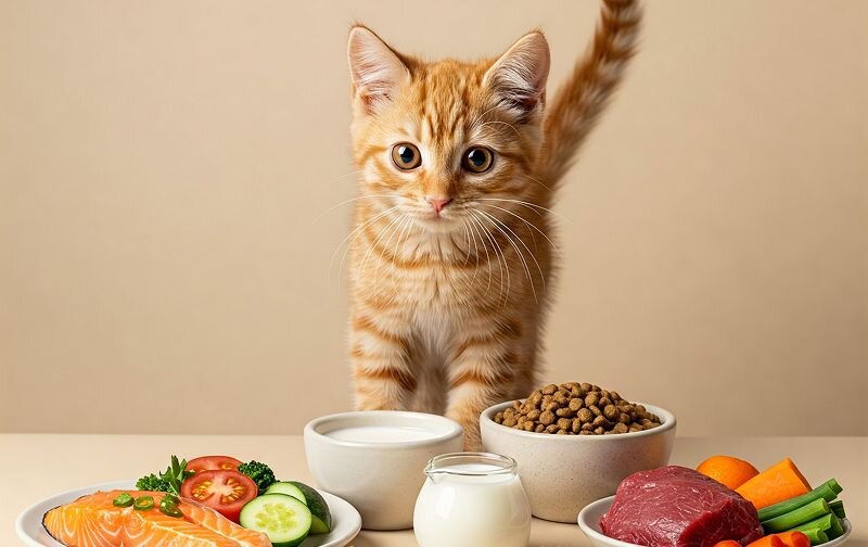 ginger kitten with bowls of fresh, raw and dried food and milk