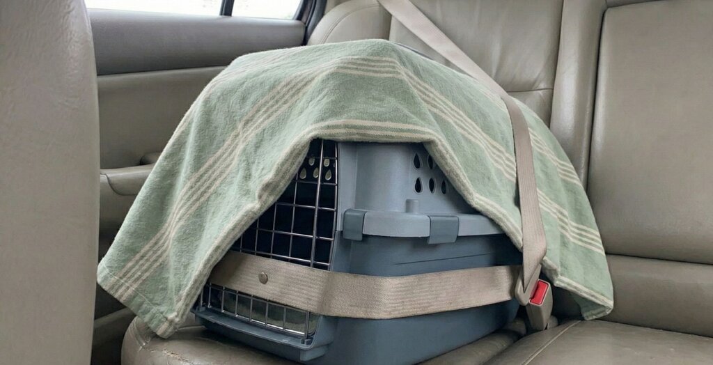 covered cat carrier in car secured with seat belt