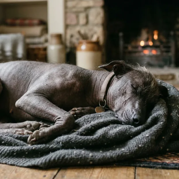 Xoloitzcuintli sleeping in front of fire
