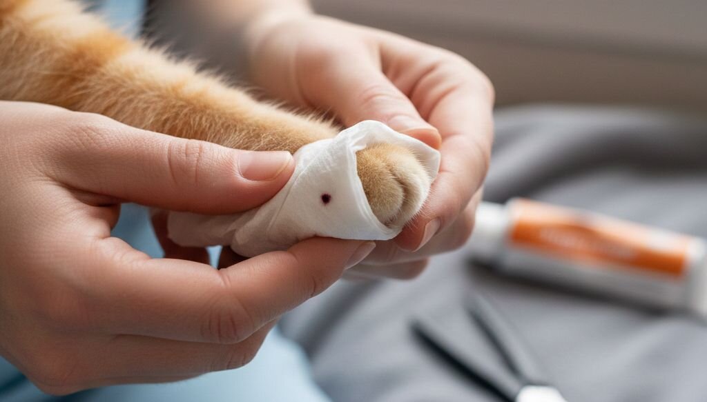 human hand holding gauze around cat paw