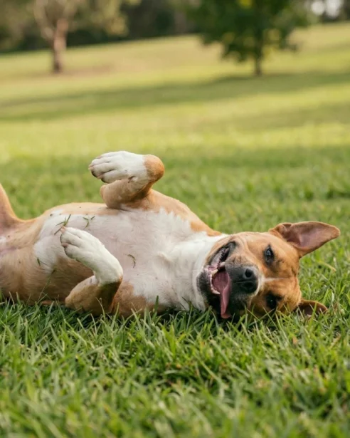 AmStaff rolling on grass