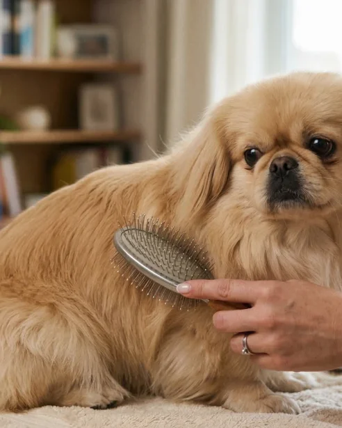 A close-up photograph focusing on a person’s hands gently grooming the Pekingese with a slicker brush. The dog is sitting patiently on a towel spread across a wooden table.