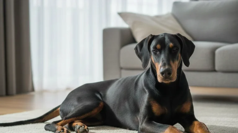 dobermann lying on floor