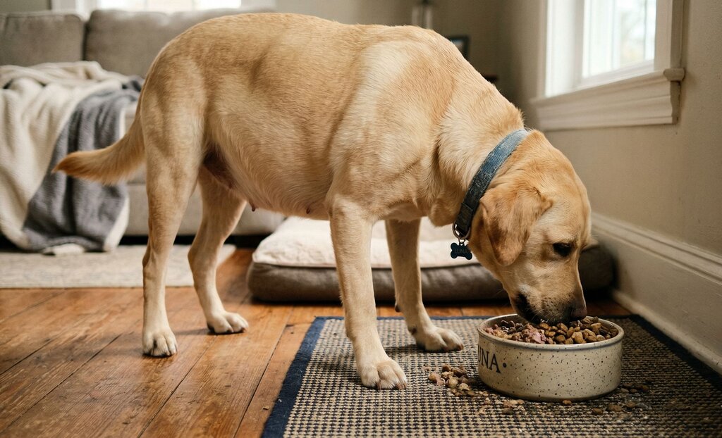 pregnant dog eating from bowl