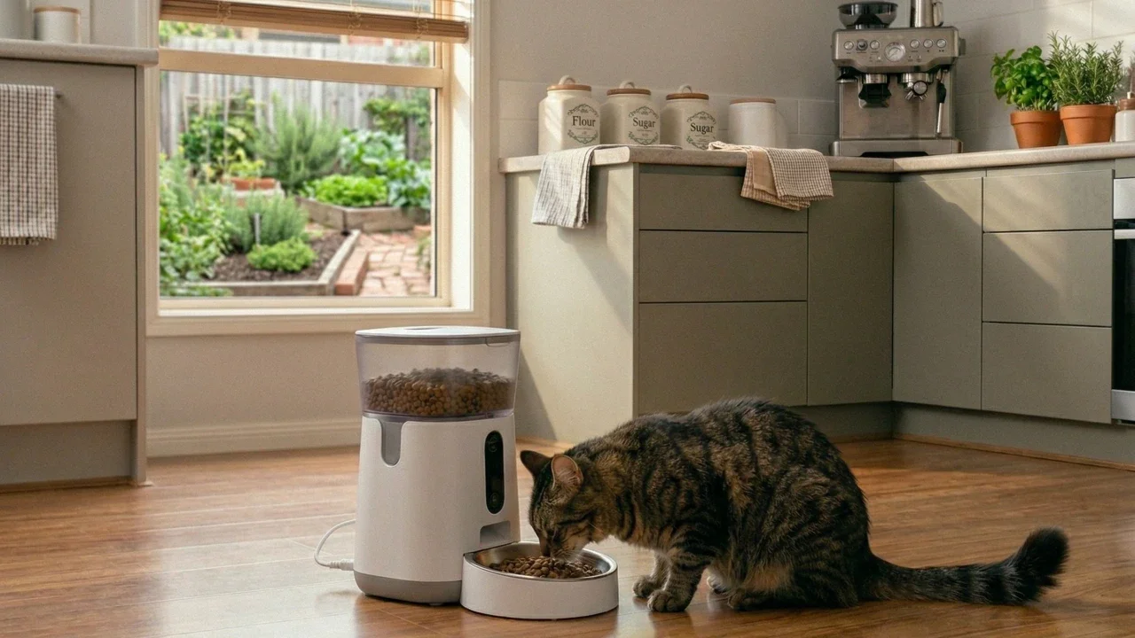 tabby cat eating kibble from an automatic feeder