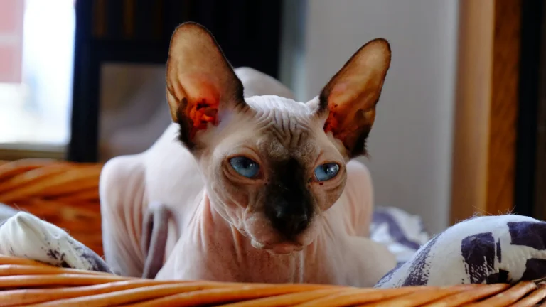 sad looking sphynx in basket bed