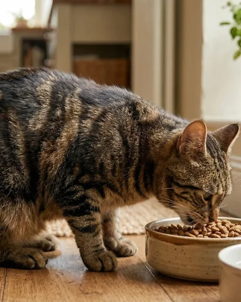 manx cat eating dry food from bowl