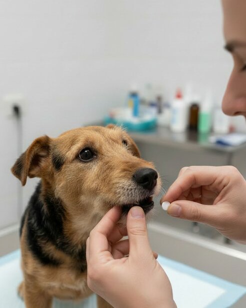 vet giving fox terrier a pill