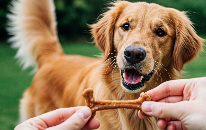golden retriever looking at dental treat