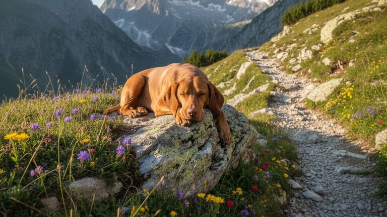 hungarian vizsla laying on rock