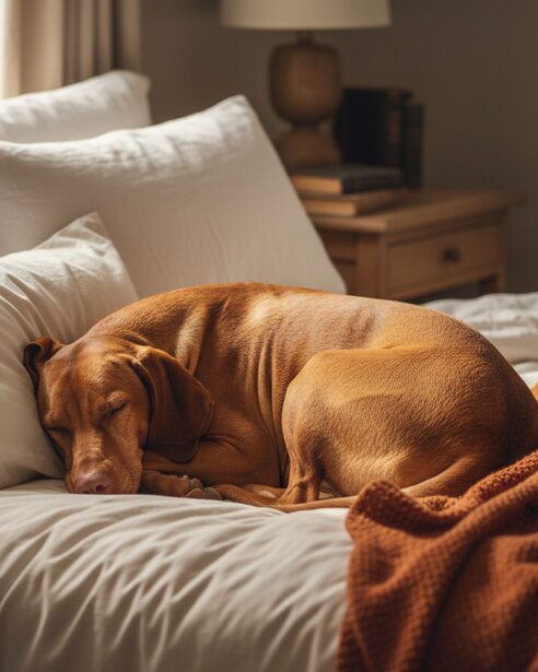hungarian vizsla sleeping on bed